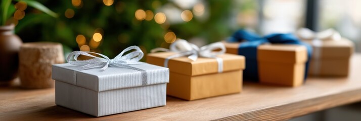Elegant gift boxes with ribbons on wooden table near festive holiday decorations