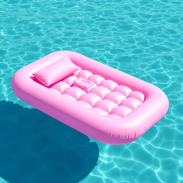 Low poly geometric style pink inflatable waterbed floating on turquoise water