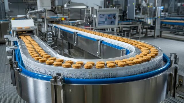 Cookies moving on conveyor belt in a food factory
