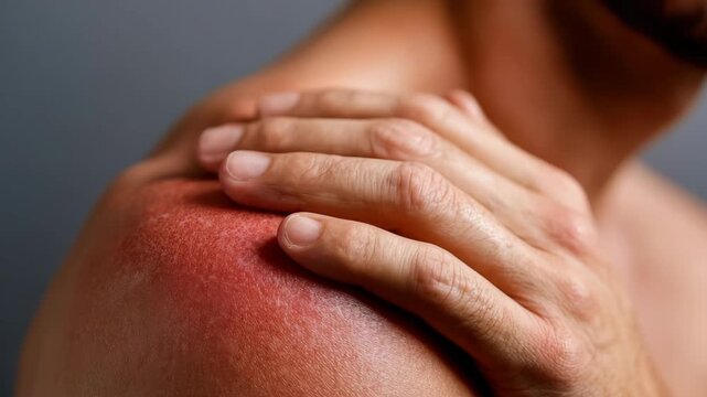 Closeup male shoulder with painful sunburn, skin redness and inflammation after sunbathing