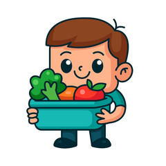 Cartoon boy holding lunchbox with vegetables vector illustration