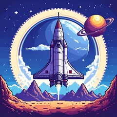 Naklejka premium Spacecraft Launch Pixel Art