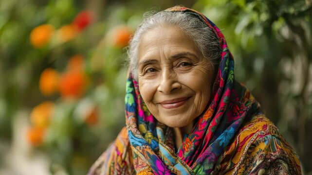 Portrait of serene senior indian woman wearing traditional headscarf smiling peacefully in garden