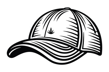 Baseball Cap Icon, Black and White Line Art, Simple Design, on White Background