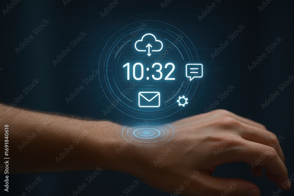 Poster smartwatch interface with digital icons showing time and notifications on wrist