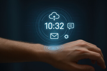 Smartwatch interface with digital icons showing time and notifications on wrist