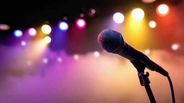 Microphone standing on stage with colorful lights and smoke in the background, ready for a live performance