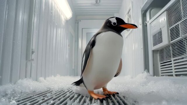 Gentoo penguin walking inside a refrigerated container with ice on the floor