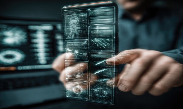 Close-up of a person interacting with a futuristic mobile phone displaying medical data overlay