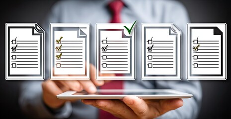 Businessperson using tablet to review checklist documents