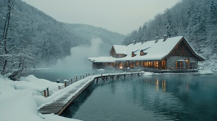 Fototapeta premium A snowy scene showing a wooden building on a lake