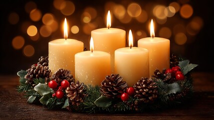 Four advent candles in Christmas wreath with pine cones, holly and cranberries &mdash; warm candlelight glow, cozy festive centerpiece, rustic winter holiday decor background with soft bokeh