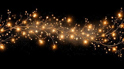 Golden sparkling garland with twinkling fairy lights on black background — luxury Christmas & new year decoration, glitter bokeh glow, elegant festive border and copy space for banners, posters