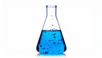 Erlenmeyer flask with blue liquid and falling droplets on white background.