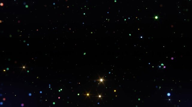 Star rain. Abstract motion background shining colorful particles. Shimmering Glittering Particles With Bokeh. New year and Christmas 2026, 2025 background. Noise. Seamless 4K loop video animation