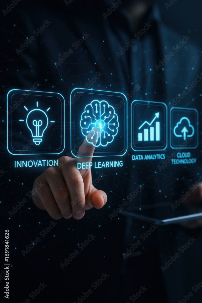 Poster deep learning innovation data analytics cloud technology concept with glowing icons and finger