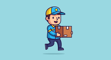 Cartoon Delivery Man Running with Package on Blue Background