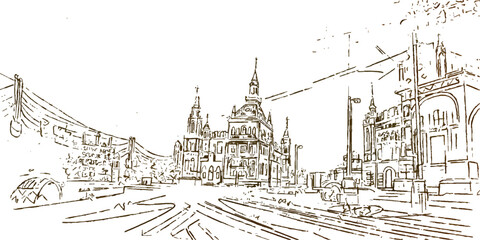 Vector art drawing of the Church of the Holy Sepulchre and the Church of St John the Baptist in Prague