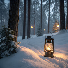A lantern in snow with pine forest background