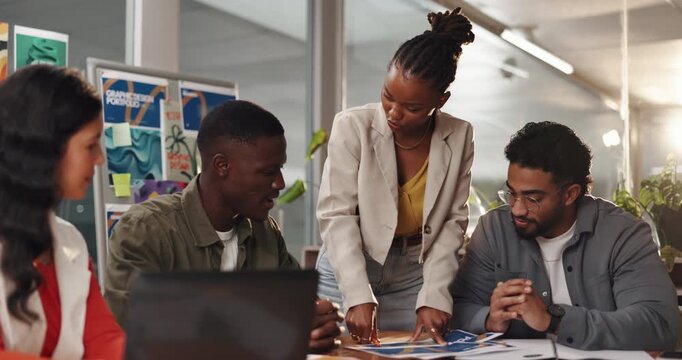 Documents, meeting and team with business people in office for graphic designer, project progress and feedback. Storyboard portfolio, branding research and logo with employees in agency