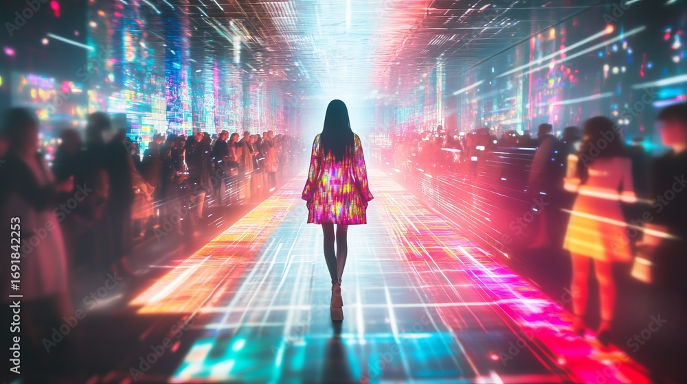 Sticker a figure walks through a vibrant digital corridor. colors and lights reflect a blend of reality and 