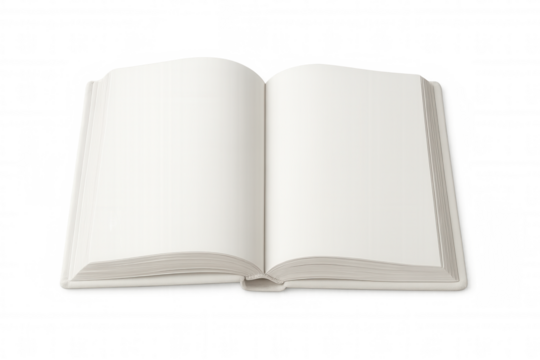 Open book with blank pages isolated on transparent background, perfect for showcasing your designs or text