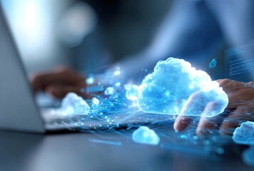 Close-up of hands interacting with a holographic cloud graphic over a laptop keyboard