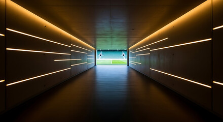 A long, illuminated tunnel leads to a vibrant green stadium field.