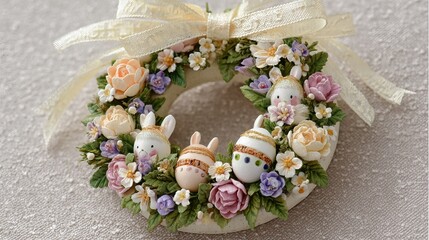 Handmade Easter wreath with pastel flowers, satin ribbons, and miniature speckled eggs — rustic grapevine ring for spring door or table centerpiece, festive holiday decoration and soft natural light