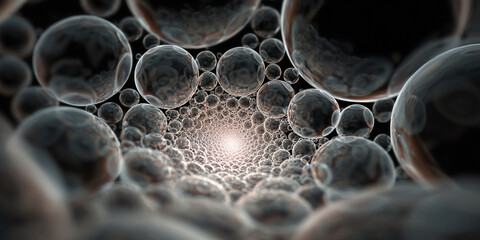 Fractal tunnel made of reflective spheres in endless depth - AI generated
