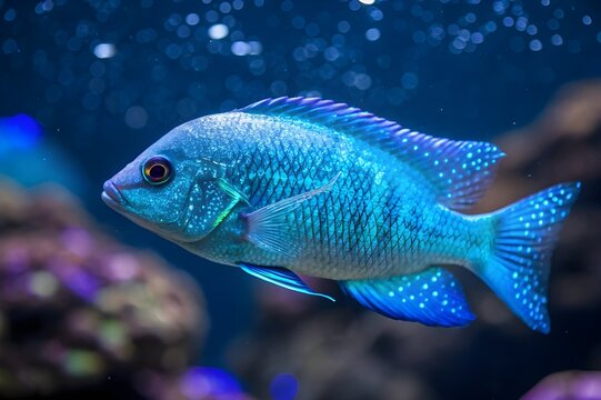 Closeup of a blue fish swimming underwater in an aquarium with bubbles