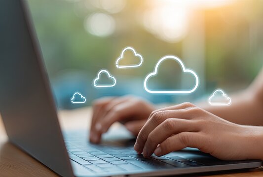 Hands typing on laptop with cloud icons overlay
