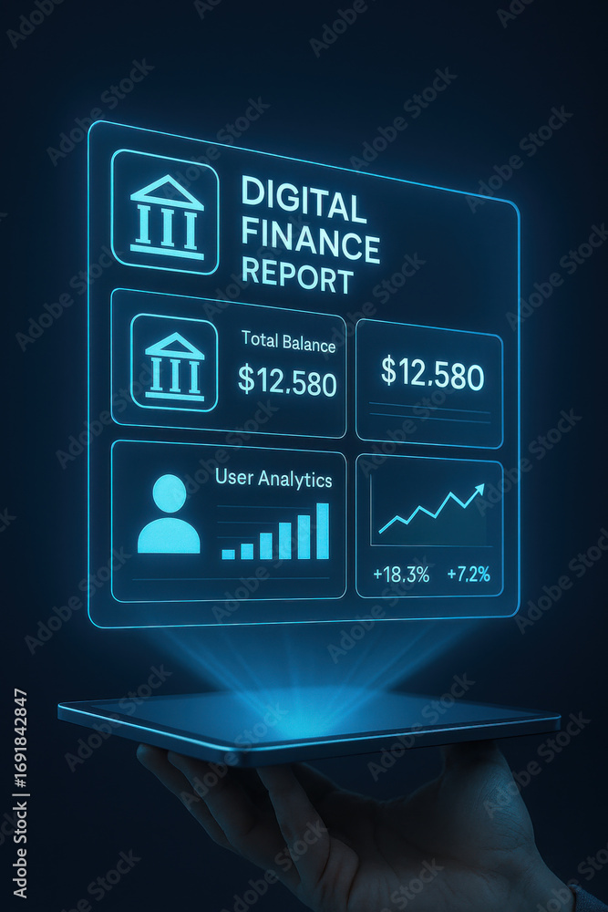 Poster digital finance report with user analytics and balance data projected from tablet