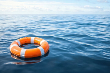 Naklejka premium Lifebuoy floating in calm ocean waters under a clear sky