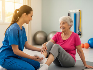 Elderly patient practices leg movements guided by professional therapist.