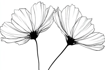 Obraz premium Detailed black and white illustration of two cosmos flowers.