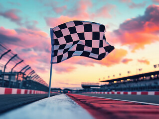 A checkered flag stands proudly by the track as the sun sets in vibrant hues. The atmosphere captures the excitement of an upcoming race in a celebrated motorsport venue.