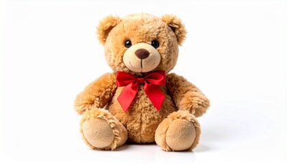 Light brown teddy bear with red bow, sitting upright on white background.