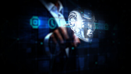 Futuristic Businessman Interacting with Virtual Artificial Intelligence Hologram