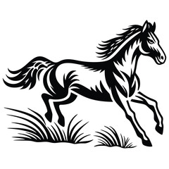 Black and White Running Horse Silhouette with Detailed Mane and Grassy Patch