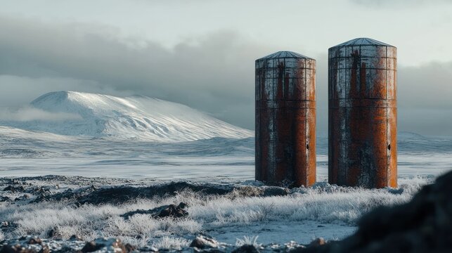 Rusty silos snowy landscape