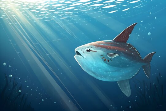 Ocean sunfish swimming in the deep blue sea with sun rays shining through
