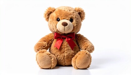 Light brown teddy bear with red bow, sitting upright on white background.