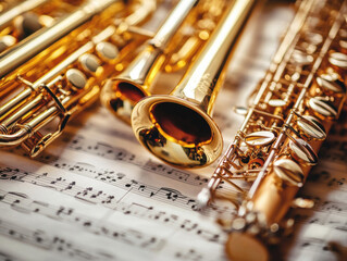 Naklejka premium Brass and woodwind instruments are carefully arranged on top of a sheet of music, showcasing their gleaming surfaces as a musician prepares for a practice session or rehearsal.