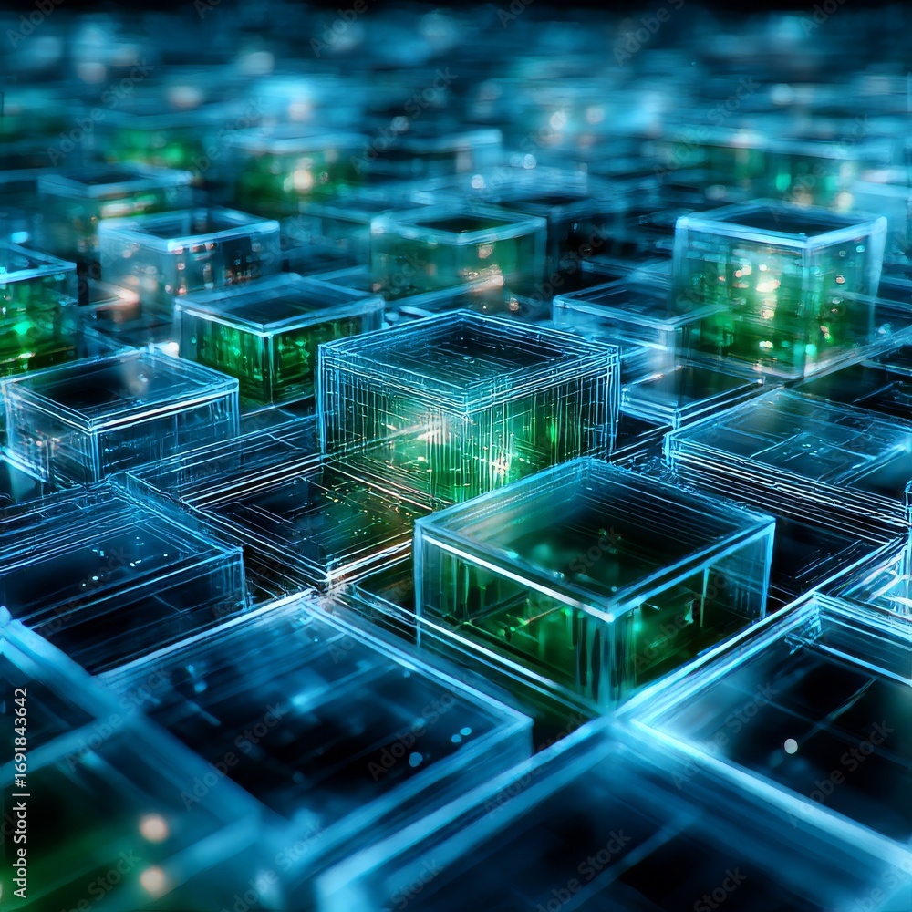Poster concept image of modern datacenter in perspective - abstact blue and green