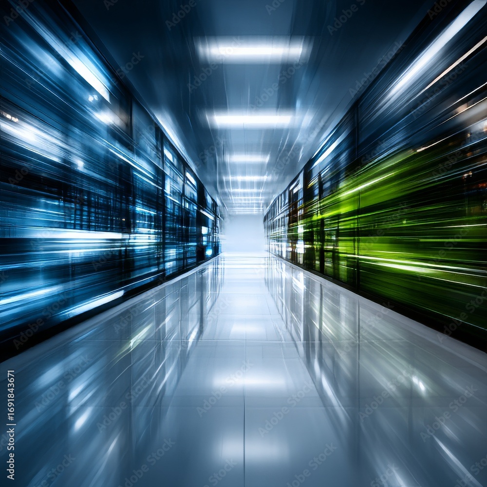 Poster concept image of modern datacenter in perspective - abstact blue and green