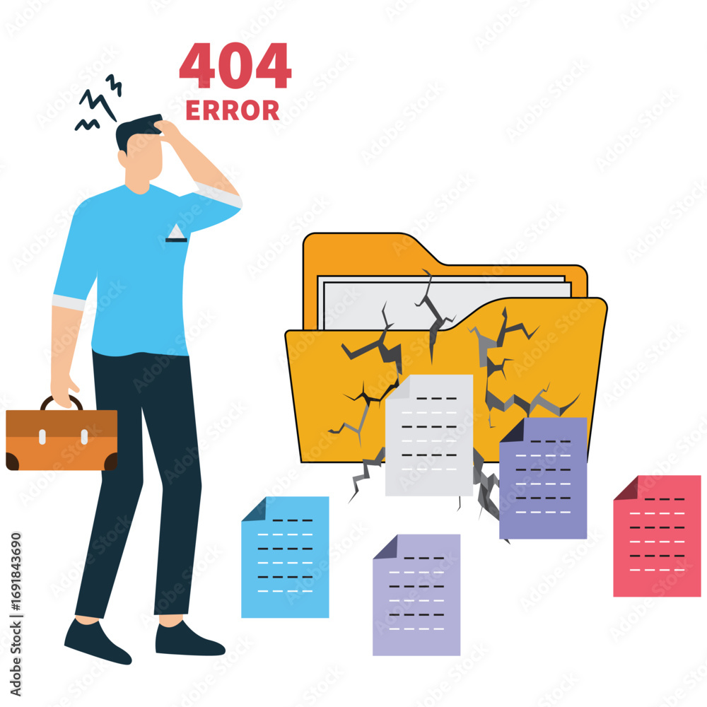 Poster a frustrated businessman is experiencing a 404 error, indicating a missing file or page, isolated on