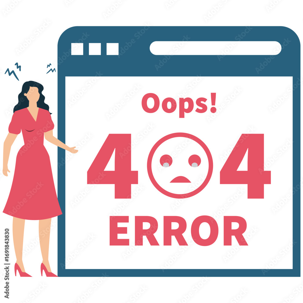 Poster worried woman standing next to a web page displaying a 404 error message, isolated on white backgrou