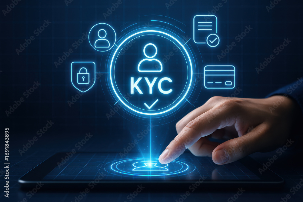Poster kyc verification concept with hand interacting on digital tablet for secure identity check