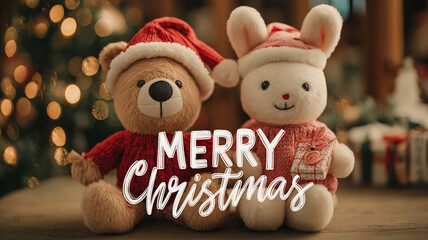 可愛いクリスマスプレゼントと装飾されたツリー、背景に輝くライト、Merry Christmasの文字入りイラスト、冬のイベント、年末年始、広告やSNS投稿に使えるシンプルで華やかなデザインバナー素材